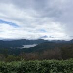 ゴール地点からのぞむ芦ノ湖と富士山